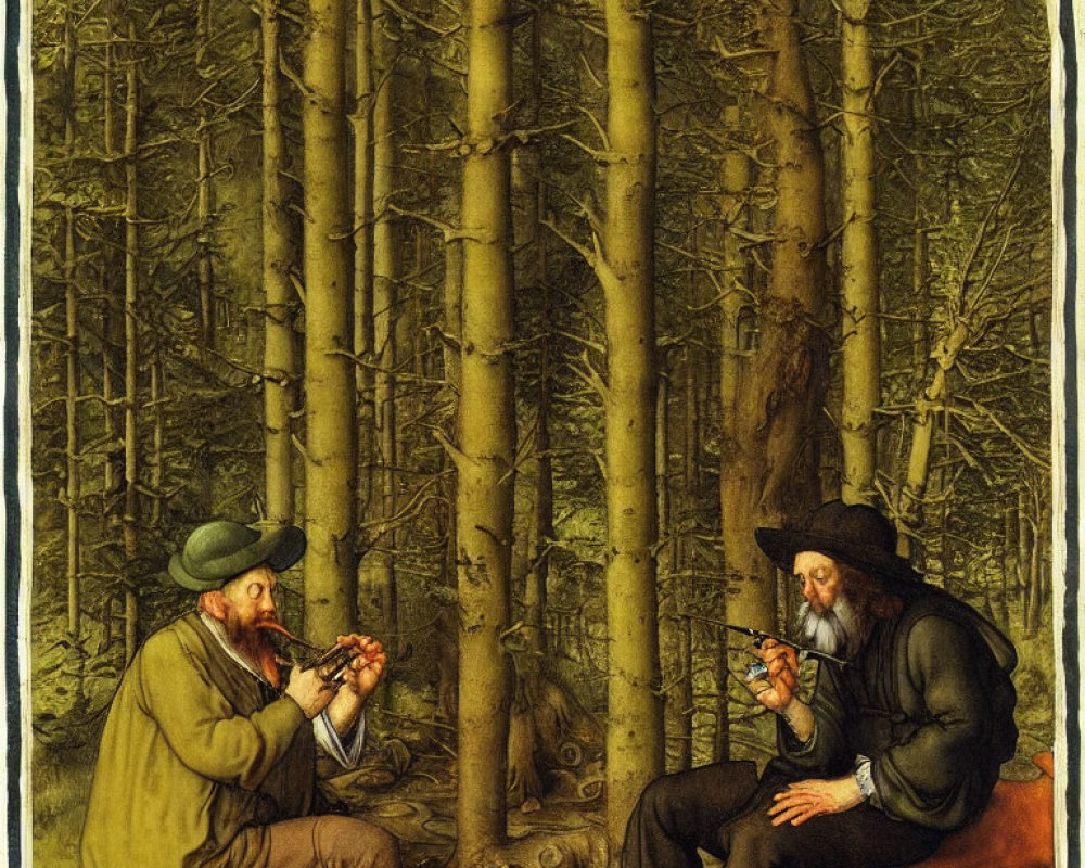 Two people playing music in dense forest setting with pipe and stringed instrument.