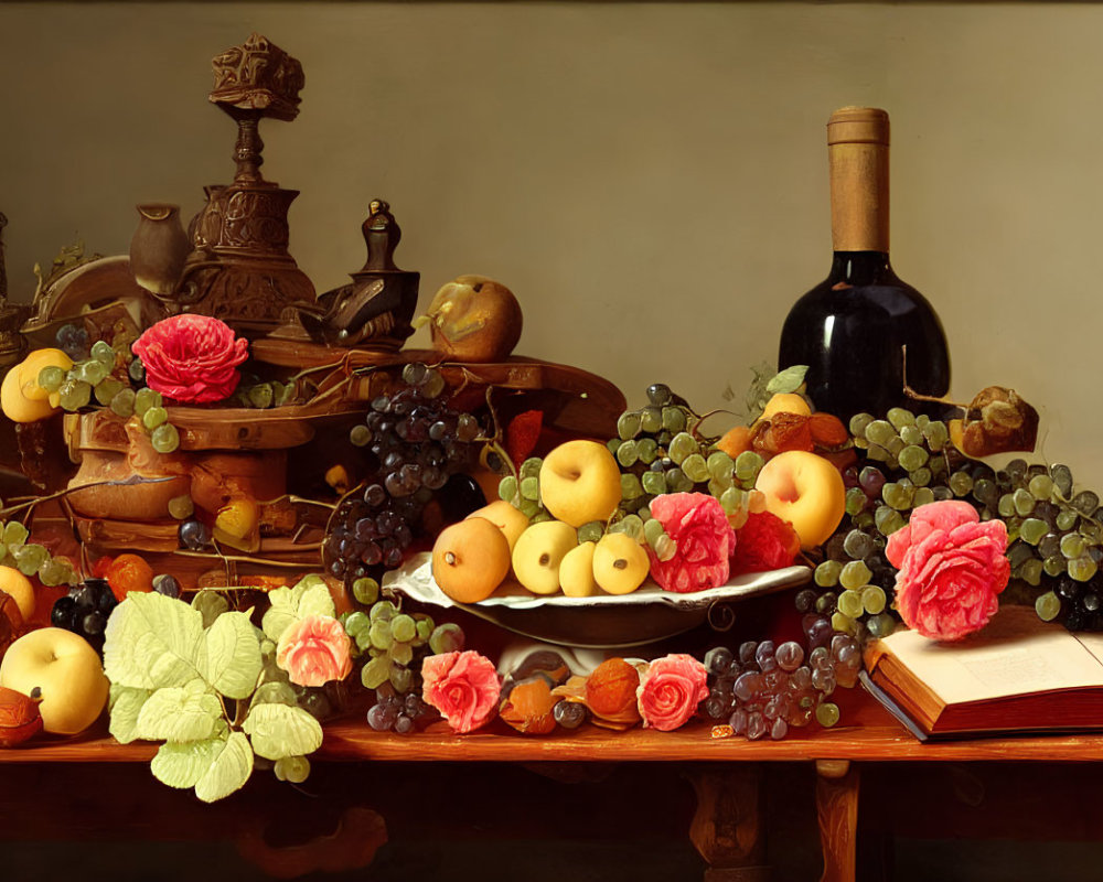 Traditional Still Life Painting with Fruits, Flowers, Wine Bottle, Grapes, and Antique Objects
