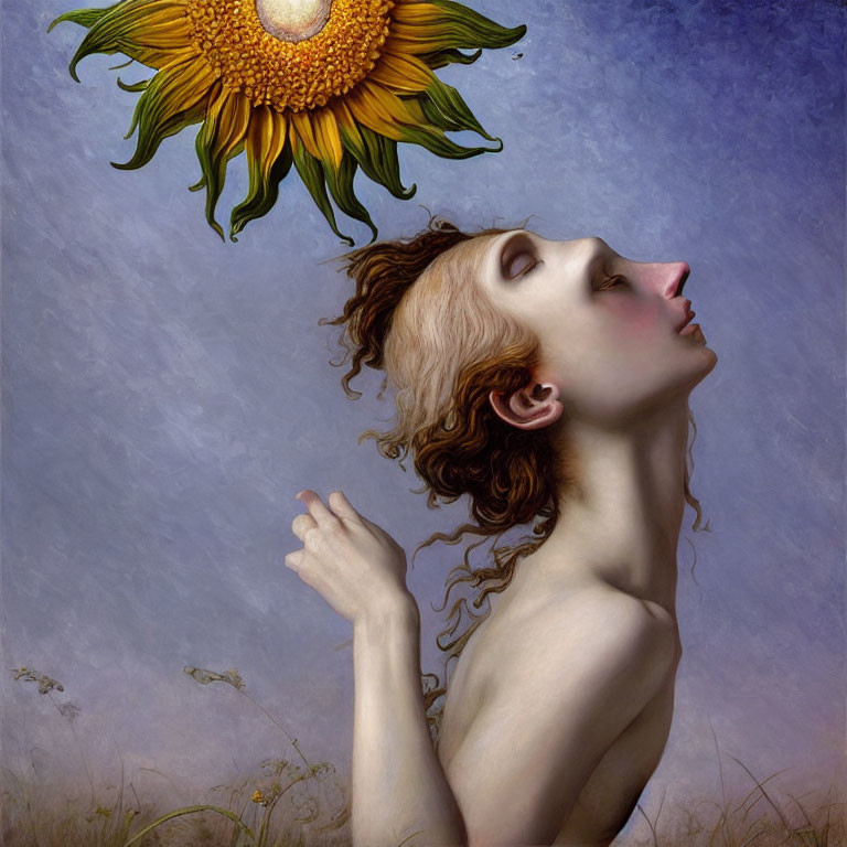 Light-skinned person with curly hair and sunflower against cloudy sky