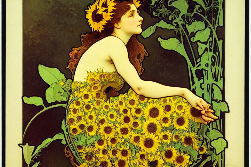 Woman in sunflower dress with flowing hair in Art Nouveau style illustration