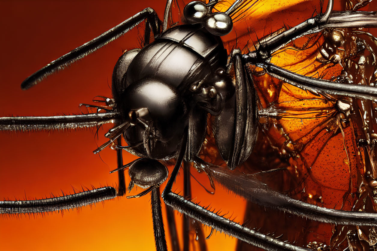 Detailed Close-Up of Mechanical Insect on Orange Background
