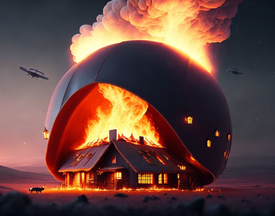 Surreal dusk landscape with flaming wooden house and mushroom cloud