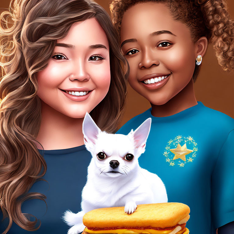 Two Smiling Girls with Small White Dog and Hot Dog on Light Brown Background