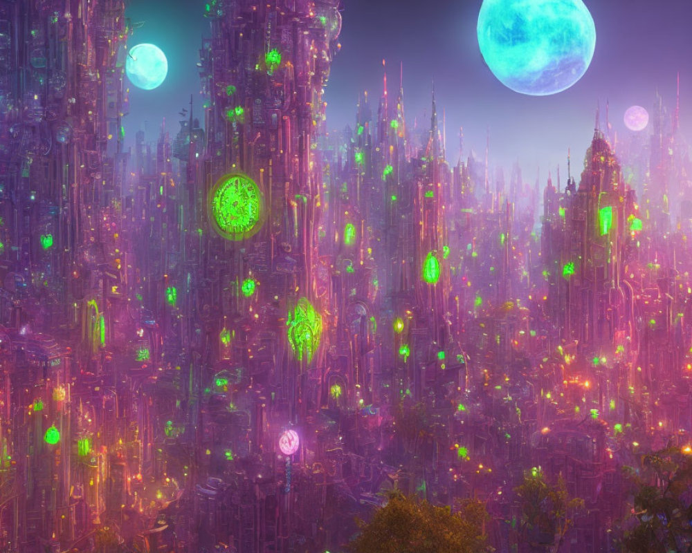 Futuristic sci-fi cityscape with neon-lit skyscrapers and dual moons
