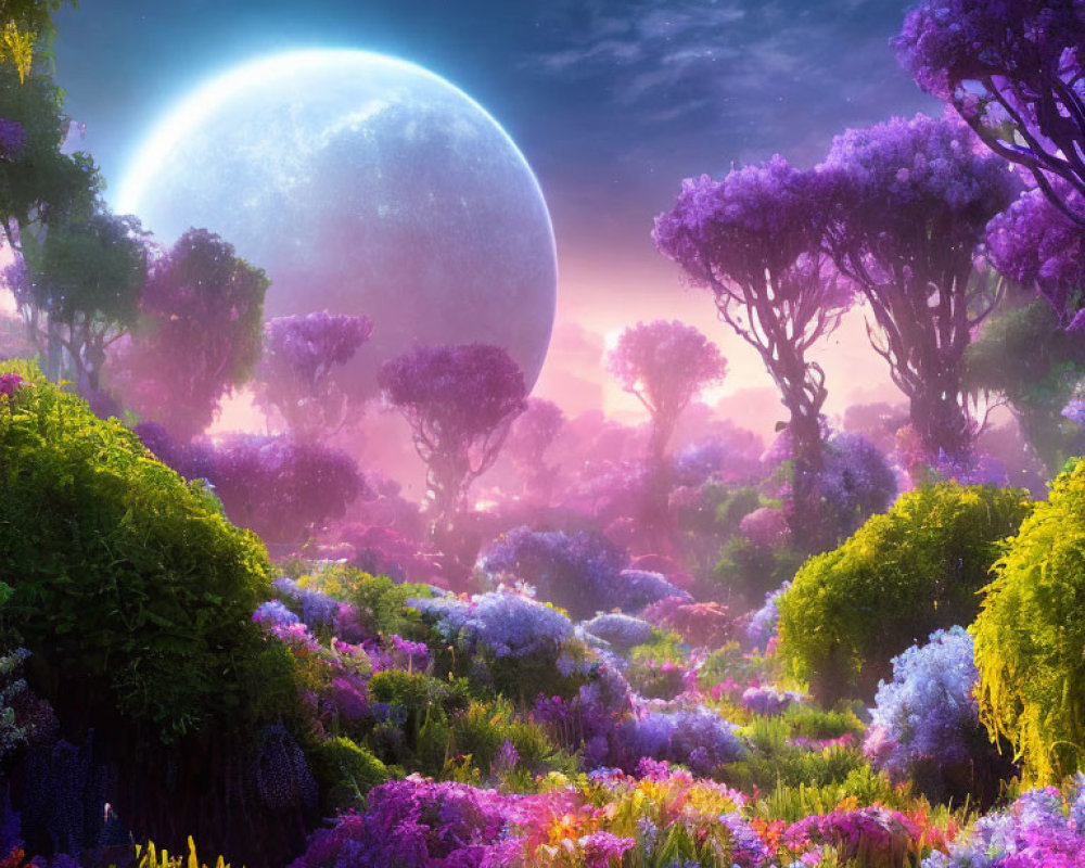 Colorful Fantasy Landscape with Glowing Moon and Starry Sky