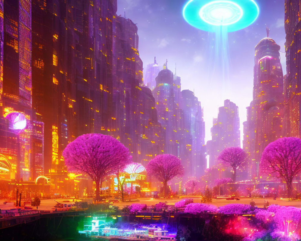 Futuristic cityscape at night with neon lights, pink trees, skyscrapers, and UFO