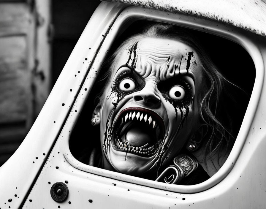 Monochrome image of woman with horror makeup in small opening