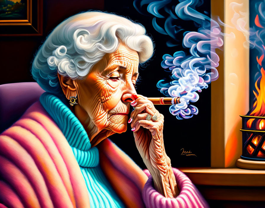 Elderly Woman Smoking Cigarette by Fireplace in Pink and Blue Shawl