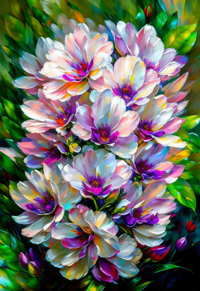 Colorful floral painting with white and pink flowers and lush greenery