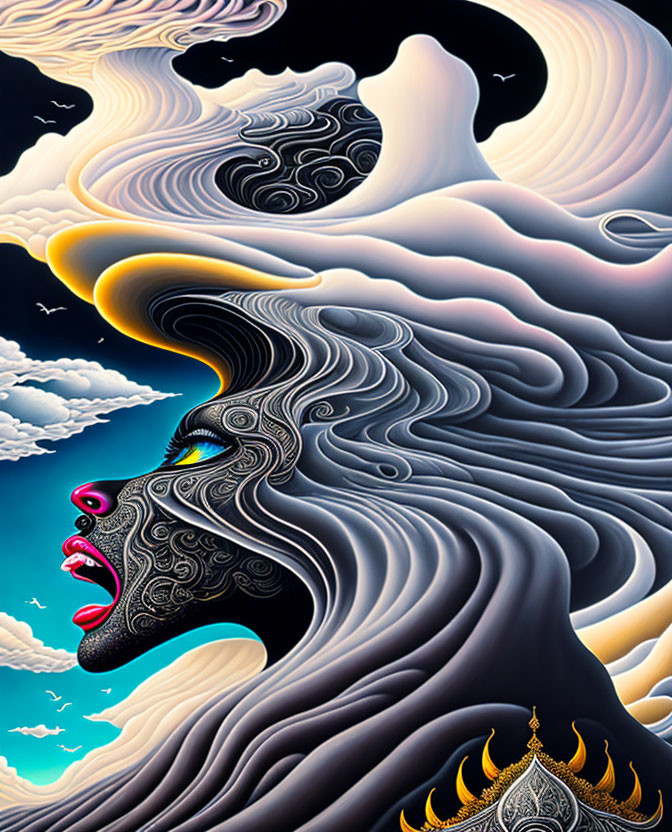 Colorful surreal illustration: Woman's face blends with wavy landscapes & celestial body