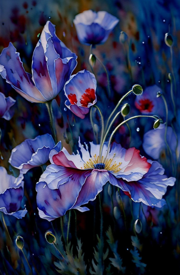 Colorful Blue and Purple Poppies on Dark Background with Red Centers