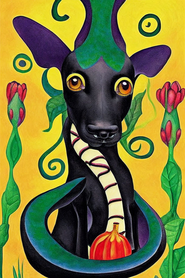 Colorful whimsical painting of a black dog with large circular eyes and plant-like appendages on yellow