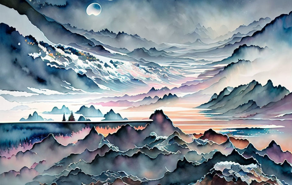 Tranquil watercolor landscape: layered mountains, pastel sunset, crescent moon, water reflections