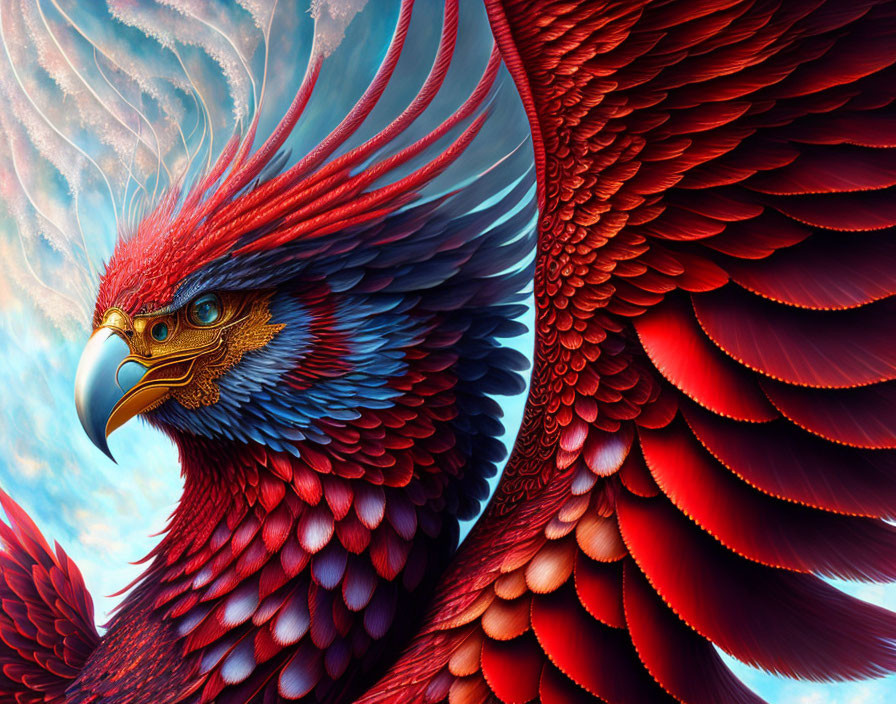 Colorful Fantastical Eagle with Red and Blue Feathers on Swirling Cloud Background