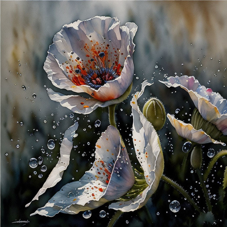 Detailed Watercolor Painting of Vibrant White Poppy with Red Speckles
