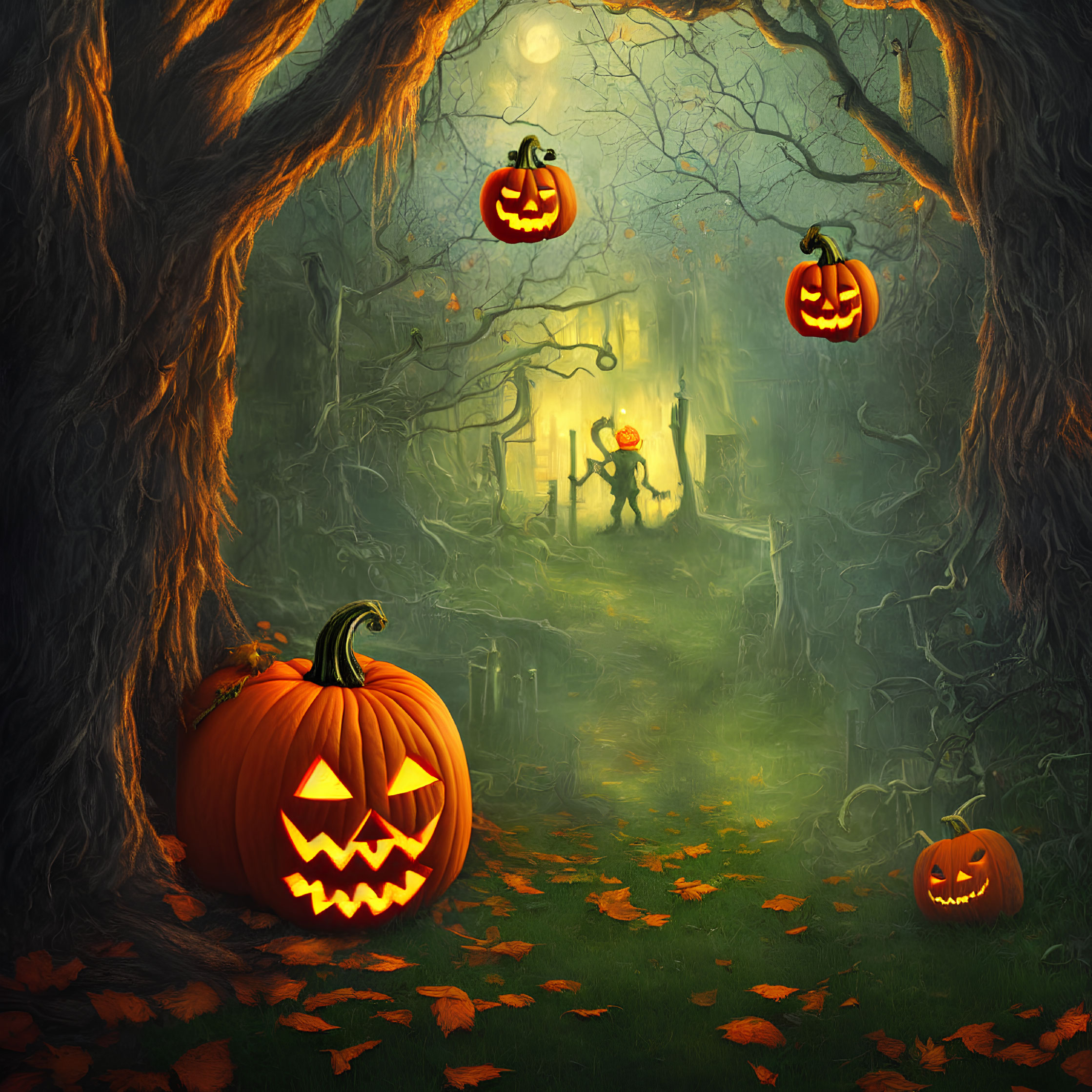 Eerie Halloween scene with carved pumpkins, full moon, and mysterious figure