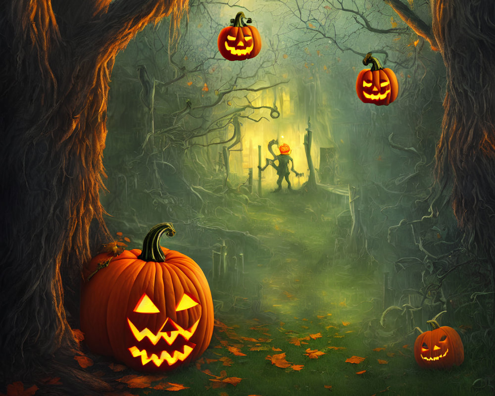Eerie Halloween scene with carved pumpkins, full moon, and mysterious figure