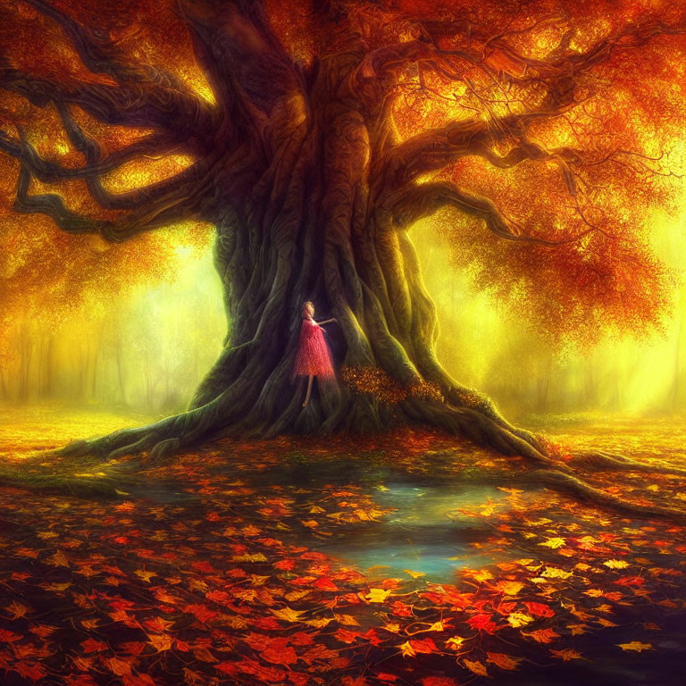 Person in Pink Dress Standing by Ancient Tree in Vibrant Autumn Forest