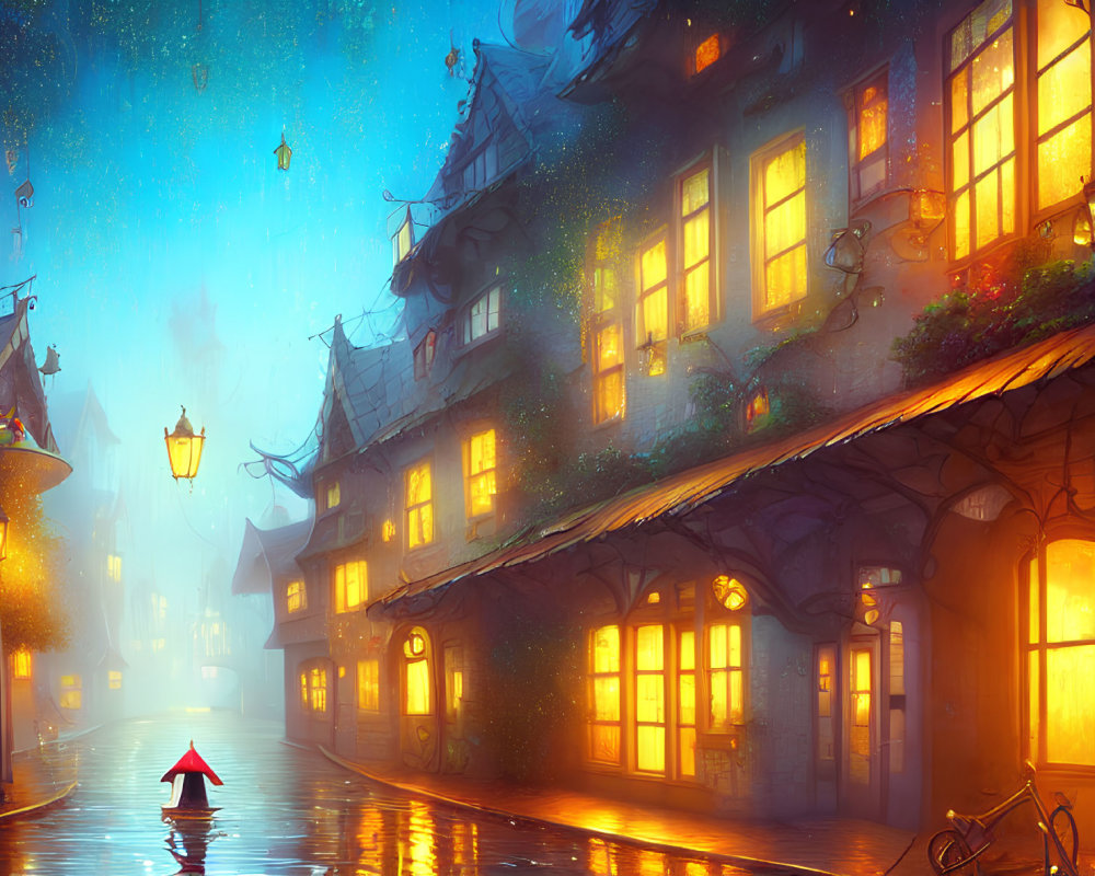 Twilight scene of cobblestone street with quaint houses and person with red umbrella