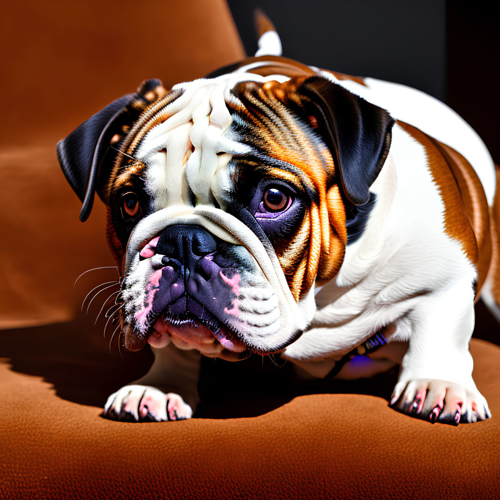 Fawn-and-White Bulldog with Wrinkles on Brown Couch