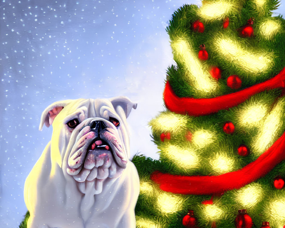 White Bulldog Sitting by Christmas Tree with Presents in Snow