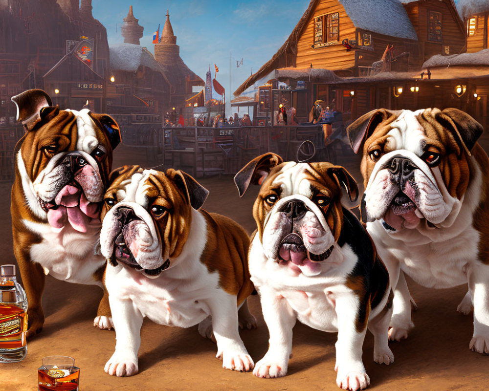 Anthropomorphic Bulldogs in Western Town with Whiskey Bottle