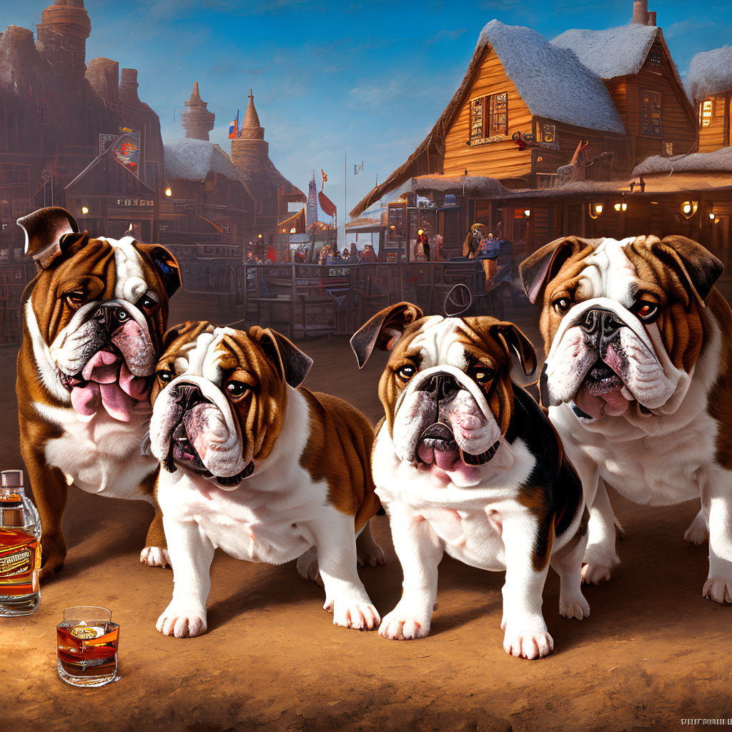 Anthropomorphic Bulldogs in Western Town with Whiskey Bottle