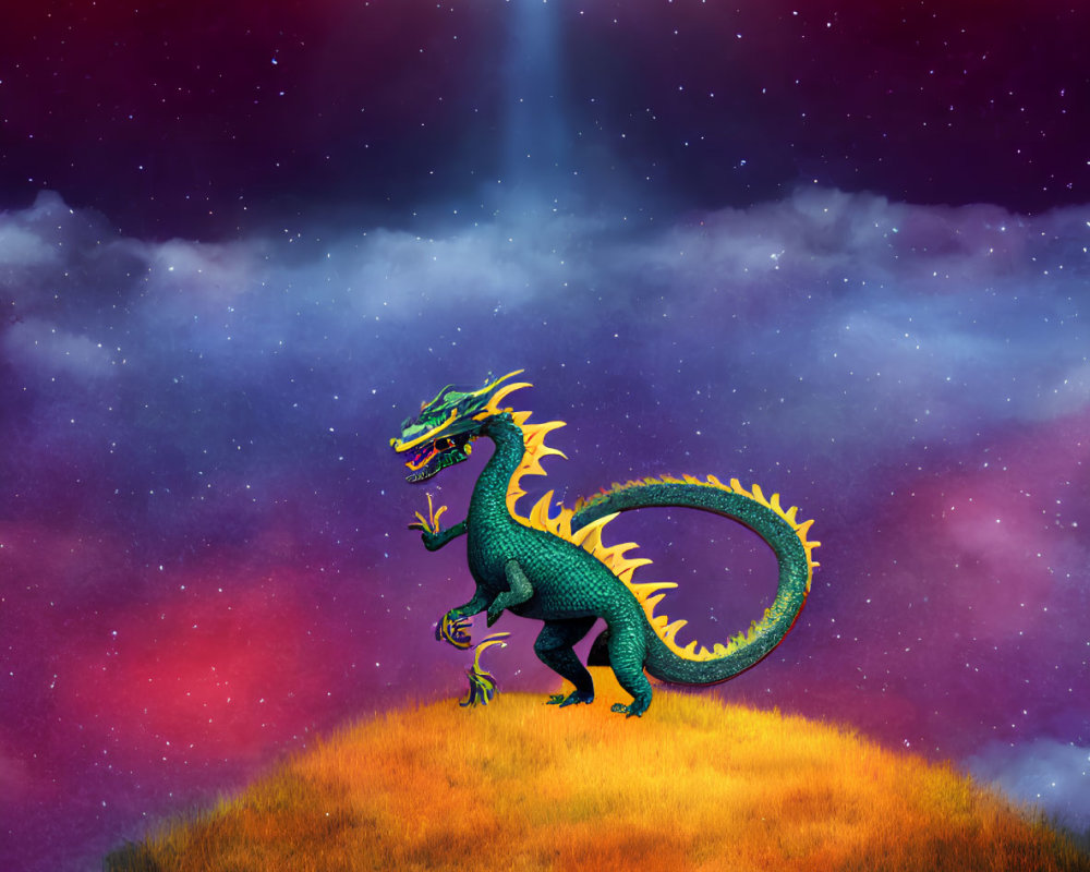Majestic dragon on grassy knoll under starry sky