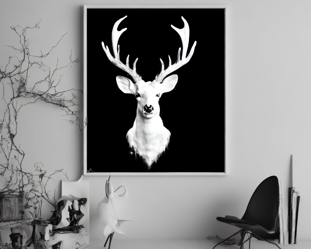 Monochrome deer artwork on framed canvas in modern interior