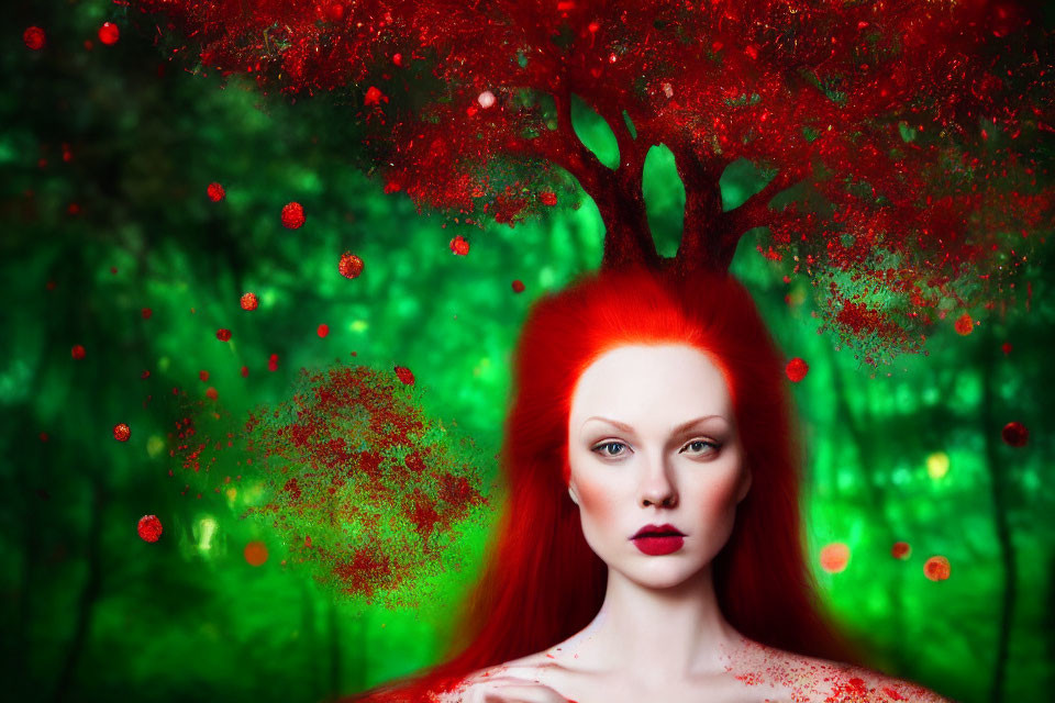 Vibrant red-haired woman in mystical forest setting
