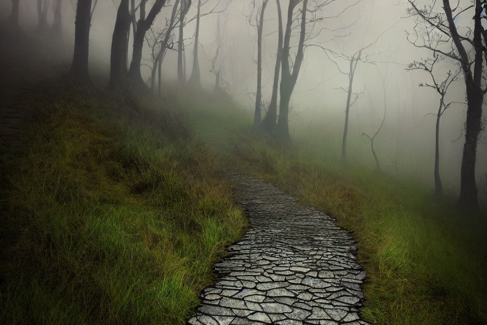 Misty forest scene with winding stone path