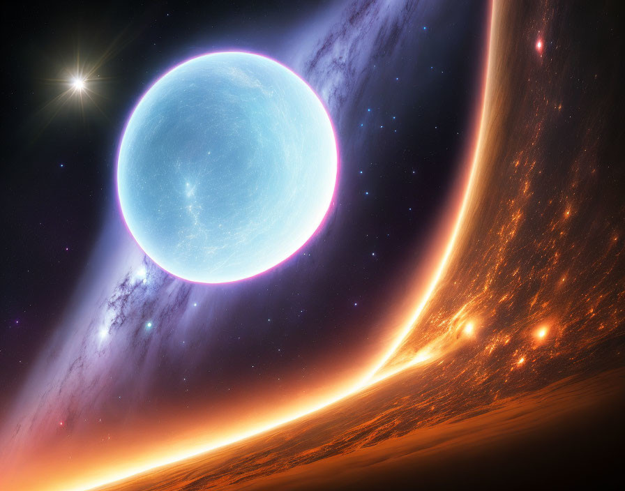 Glowing blue planet and fiery horizon in vibrant space scene