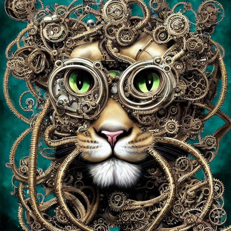 Steampunk Lion Illustration with Mechanical Mane and Green Eyes