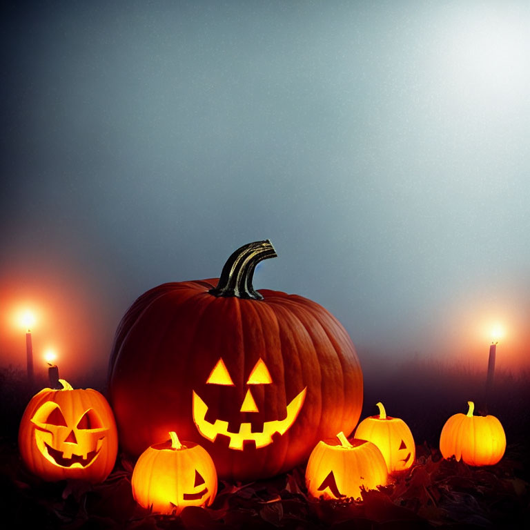 Carved pumpkin with glowing face in misty Halloween scene
