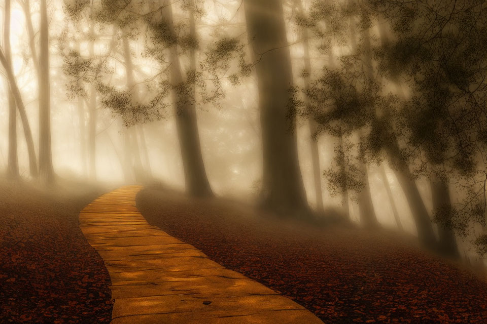 Sunlit Misty Forest Path with Winding Trail