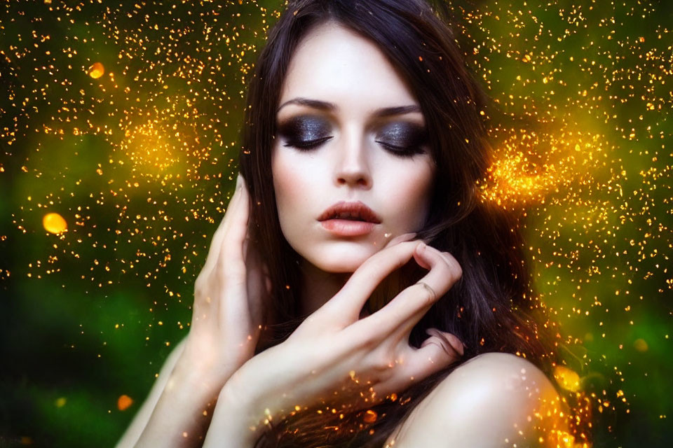 Dark-haired woman with smoky eye makeup in golden sparkles on green backdrop