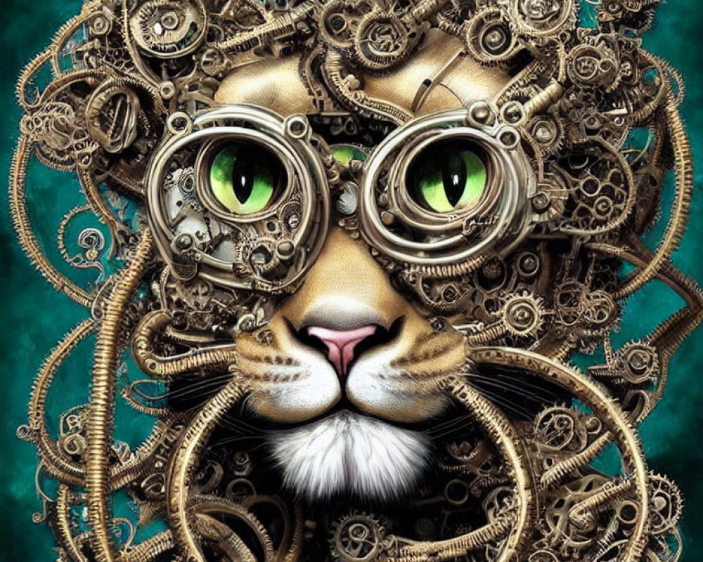 Steampunk Lion Illustration with Mechanical Mane and Green Eyes