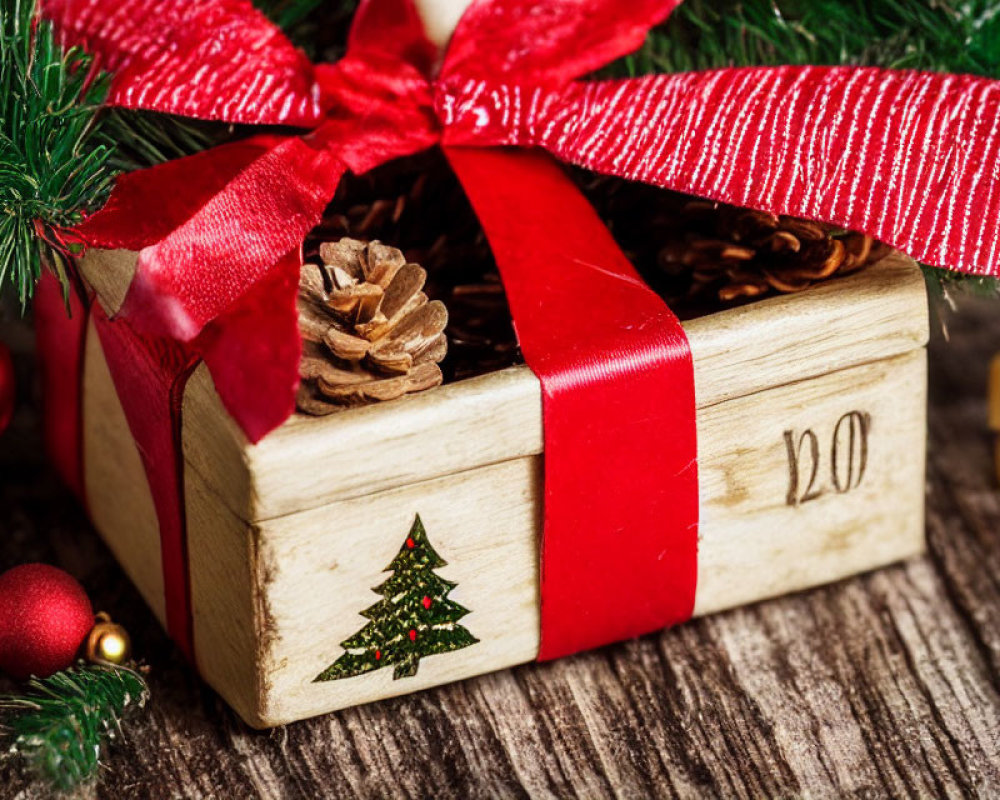 Festive Christmas gift box with red ribbon and pine cones