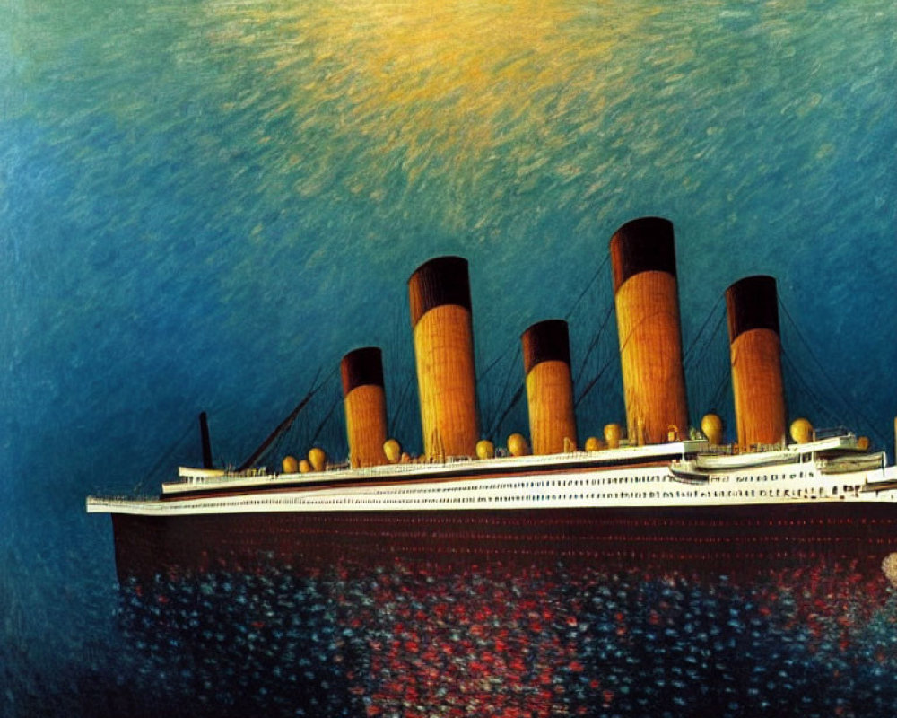 Illustration of Titanic at angle with four smokestacks on blue textured backdrop