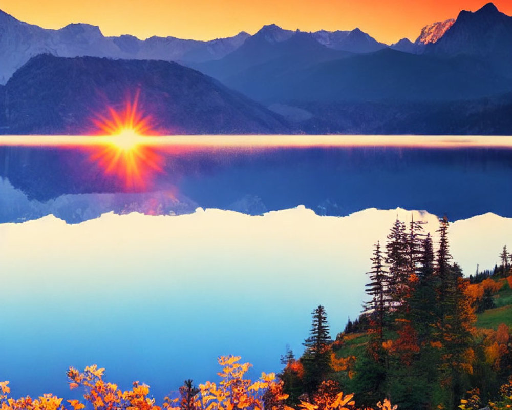 Scenic sunset over tranquil lake with mountain reflections
