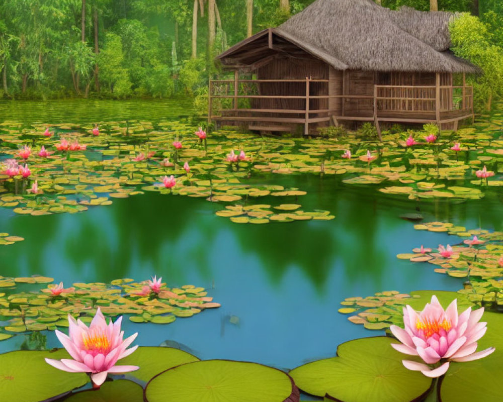 Tranquil forest scene with water lilies, lotus flowers, and wooden hut