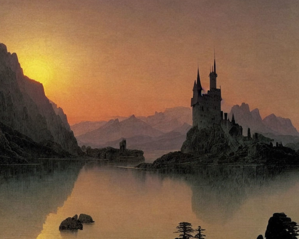 Old castle by calm lake at sunset with mountains and warm sky