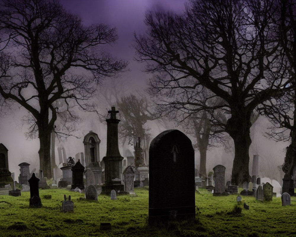 Misty graveyard at twilight with silhouetted trees and tombstones