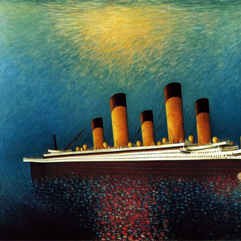 Illustration of Titanic at angle with four smokestacks on blue textured backdrop