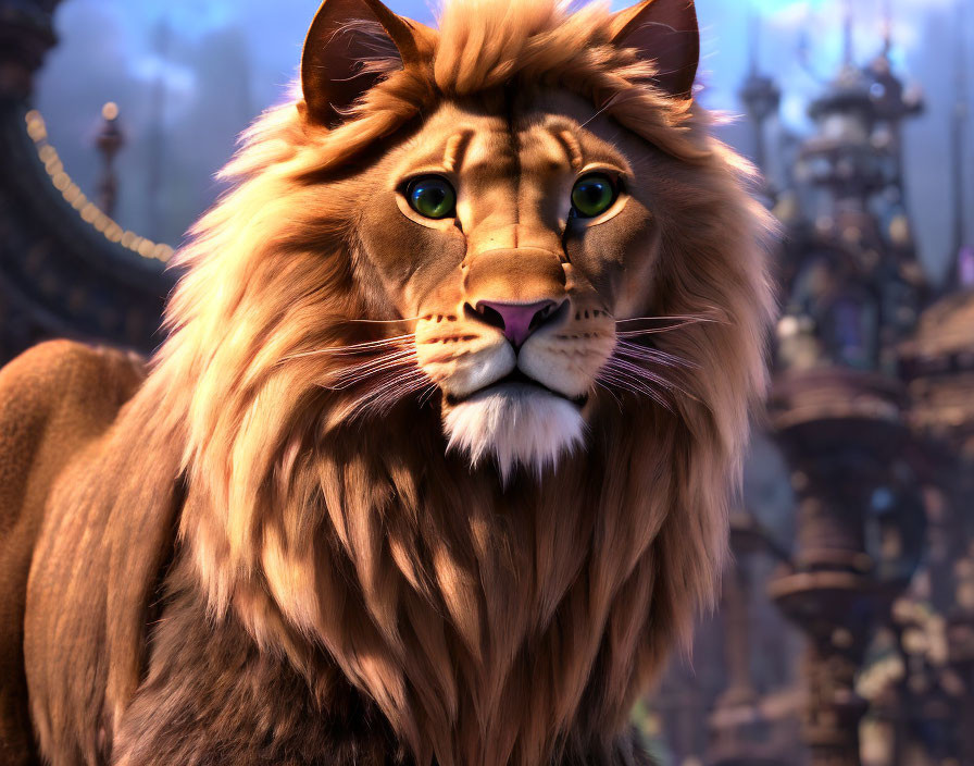 Regal animated lion with lush mane and green eyes in fantasy setting