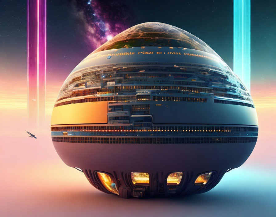 Futuristic spaceship with illuminated windows in colorful space scene