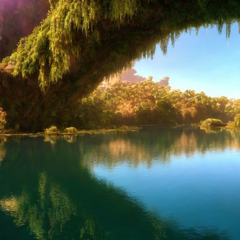Tranquil lake with clear waters reflecting lush cliff landscape