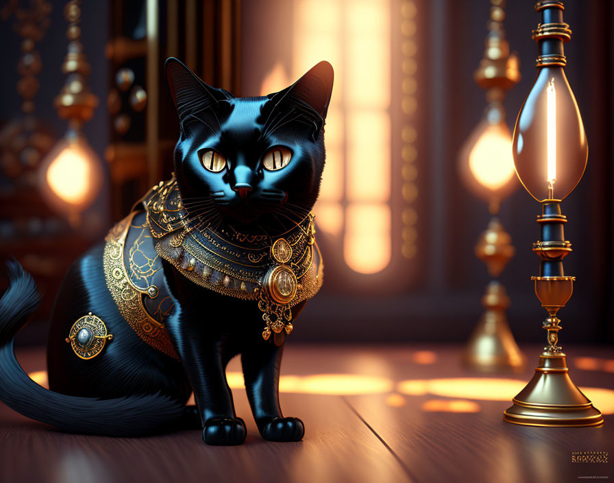 Elegant Black Cat with Gold and Turquoise Jewelry in Classic Room
