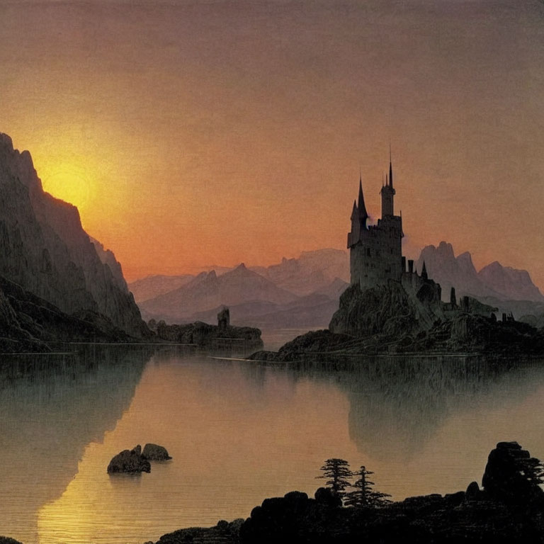 Old castle by calm lake at sunset with mountains and warm sky