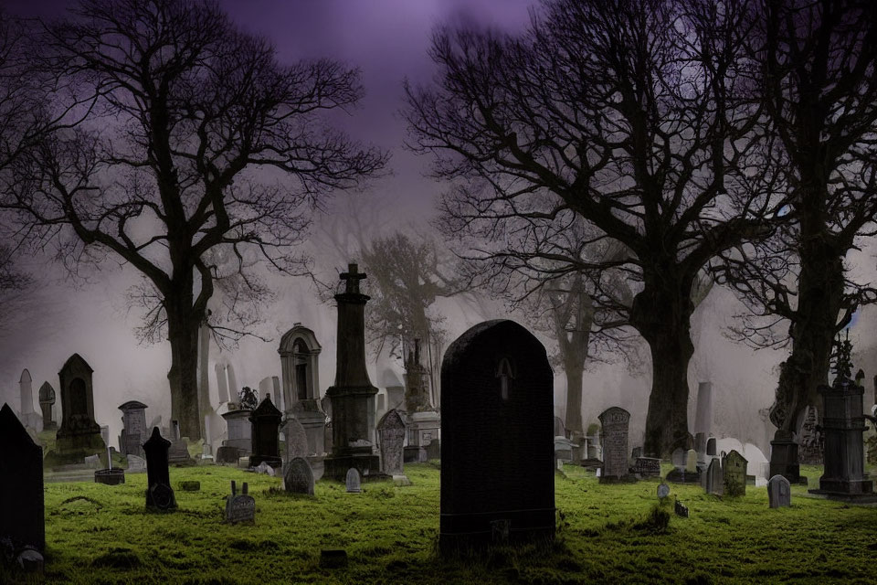 Misty graveyard at twilight with silhouetted trees and tombstones